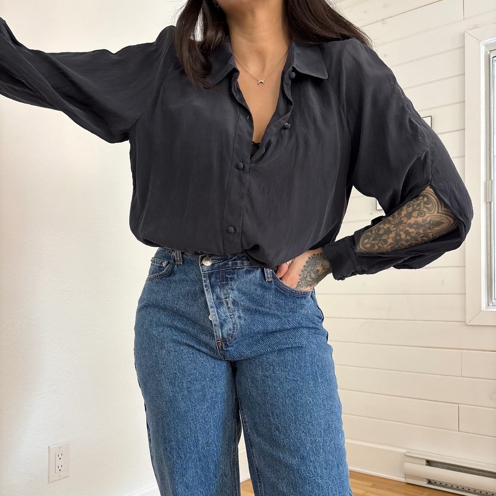 SOLD-FRAME slit wirst silk button up shirt - Picture 1 of 8
